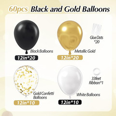 Black White and Gold Balloons, 60Pcs 12Inch Black White Metallic Gold Confetti B