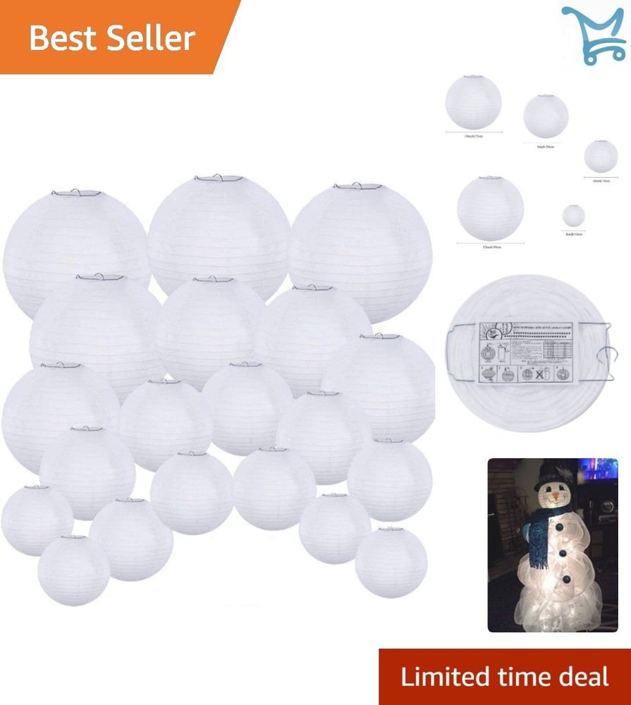 20 Pack White Paper Lanterns Round 4-12 Inch Reusable Wedding Party Decor