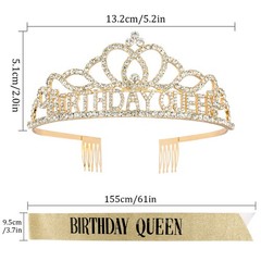 CAVETEE Gold Birthday Crowns and Sash – Queen Tiara for 2 Piece Set,