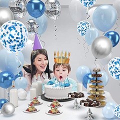 60 Light Blue, White, Silver Metallic Balloons Confetti Decoration for Birthday