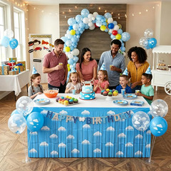 Blue Sky White Clouds Metallic Foil Tinsel Fringe Table Skirt Birthday Party Dec