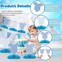 6 Pcs Blue Bodysuit Party Decorations, Blue Gingham Honeycomb Centerpieces, Birt
