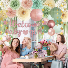 Dusty Pink Sage Green Baby Shower Decorations – Welcome Baby Girl Banner, Retro