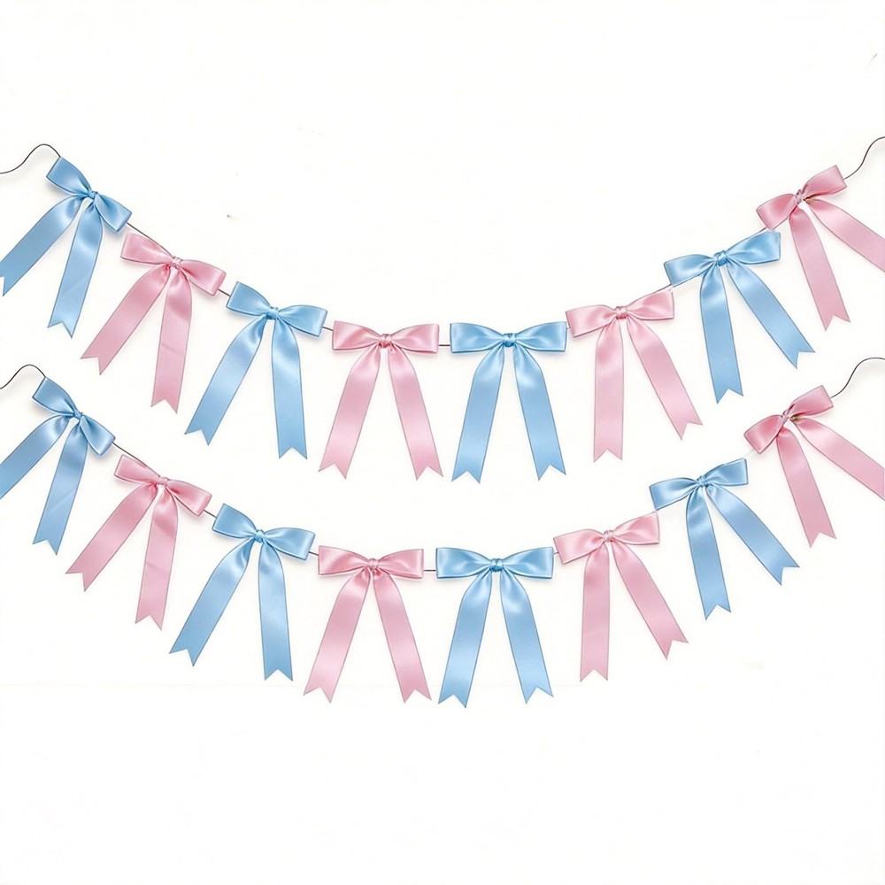 2 Strings 16pcs Pink Blue Bow Garland Banner, Pre-Strung Satin Ribbon Decorat…