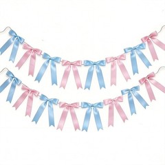 2 Strings 16pcs Pink Blue Bow Garland Banner, Pre-Strung Satin Ribbon Decorat…