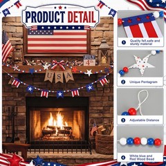 2 Pack Patriotic Wood Bead Garland with Felt Stars Flags July 4th Decor