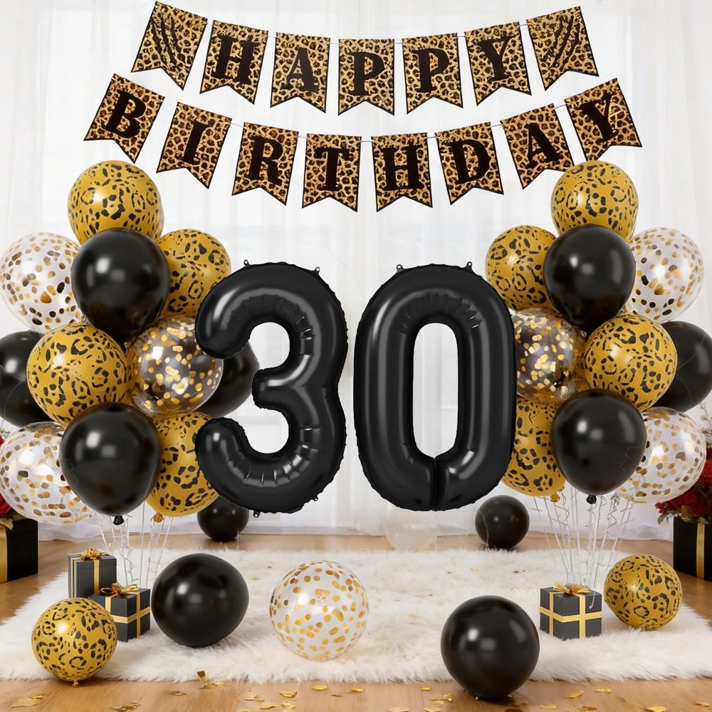30th Cheetah Decorations,Black Gold Leopard Balloons Set with Happy Banner Nu…