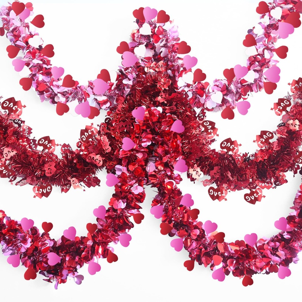 Valentines Day Decorations 29.5Ft Heart Tinsel Garland 3PCS Red Pink White