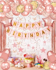 Cumpleaños De Rose Gold Decoracion Globos Banner Cortinas Set Para Mujer Hombre