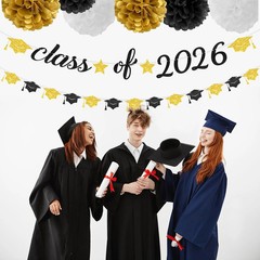 8pcs Black-White Gold Party-Decorations Graduation Banner, Class of 2026 Cap Gar