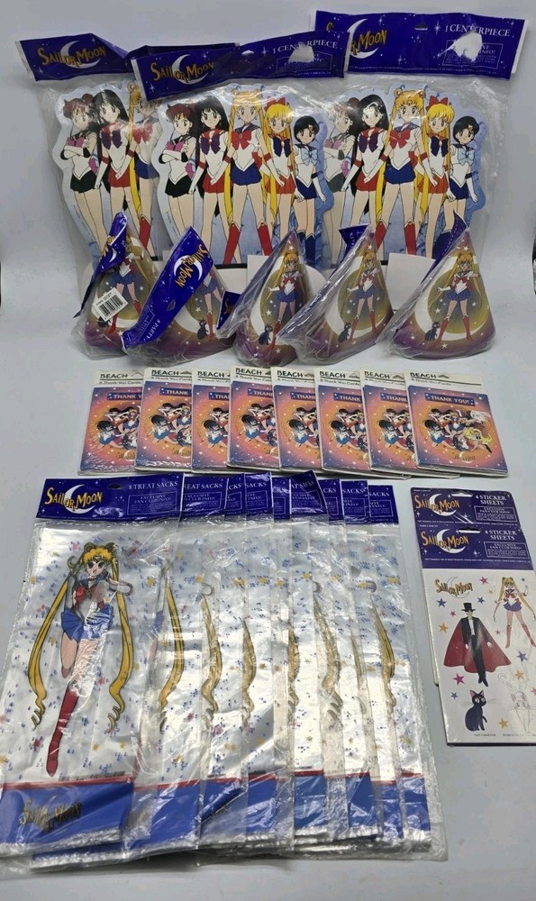 1996 Vintage SAILOR MOON Party Decor (Stickers Hats Centerpieces Gift Bags) Lot