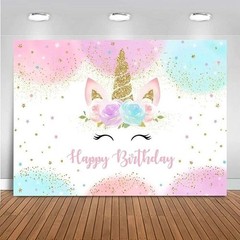 Unicorn Backdrop 8x6ft Pastel Rainbow Glitter Stars Dots Happy Birthday Banner