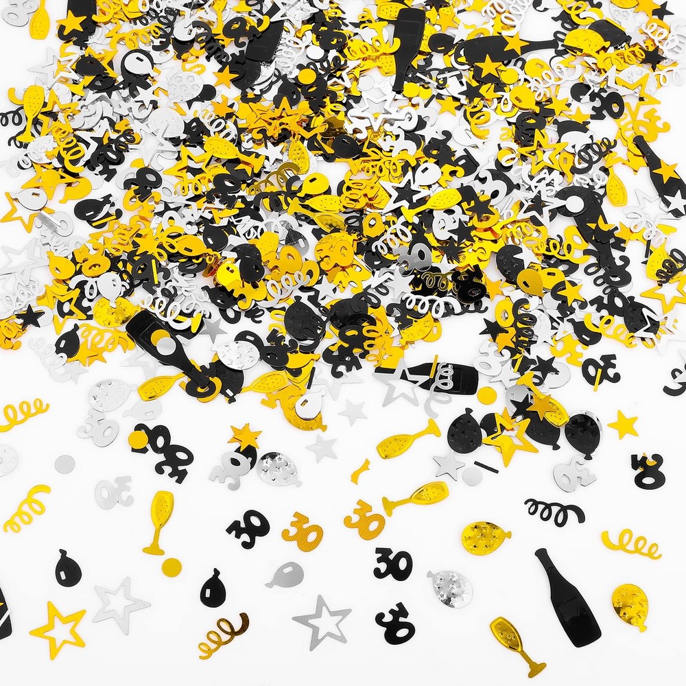 Number 30 Birthday Confetti 3000 Pieces Black Gold Silver Glitter