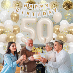 50Th Birthday Decorations for Women Men, Sand Gold White Birthday Balloons Happy