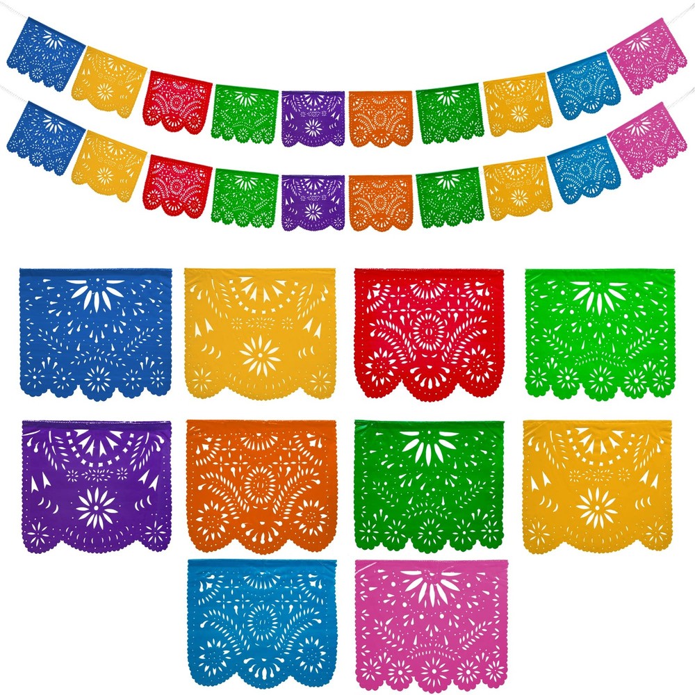 Mexican Party Banners (2 Pack with 10 Plastic Flags per Banner) – Papel Picad…
