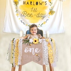 Bee Theme 1st Birthday High Chair Banner Multicolor Bee and Flower Pattern, …