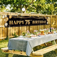 Versatile 75th Birthday Banner in Black & Gold – Easy to Hang 9.8 x 1.6 ft