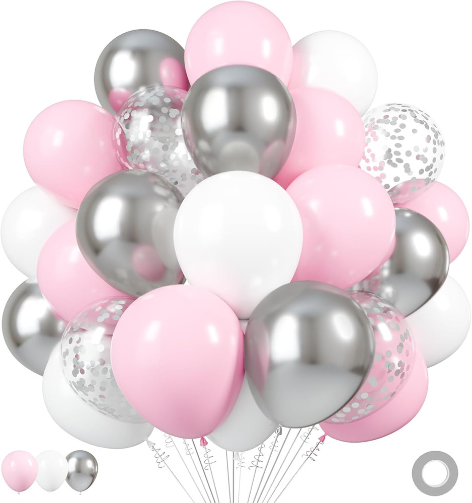 Silver Pink White Latex Balloons, 50 Pack 12 Inches Silver Confetti Party Balloo