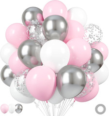 Silver Pink White Latex Balloons, 50 Pack 12 Inches Silver Confetti Party Balloo