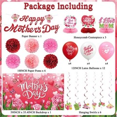 Happy Mother’s Day Decorations Set Pink Party Banner, Hanging Swirls Centerpiece