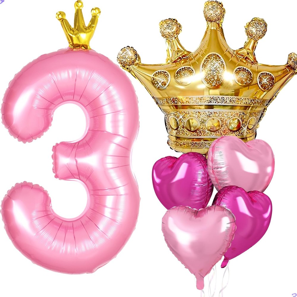 Princess 3rd Party Decorations, 40 inch Large Pink Crown 3 Balloon for Girls’…