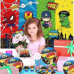 Superhero Party Supplies Set Plates Balloons Tablecloth Banner Cake toppers