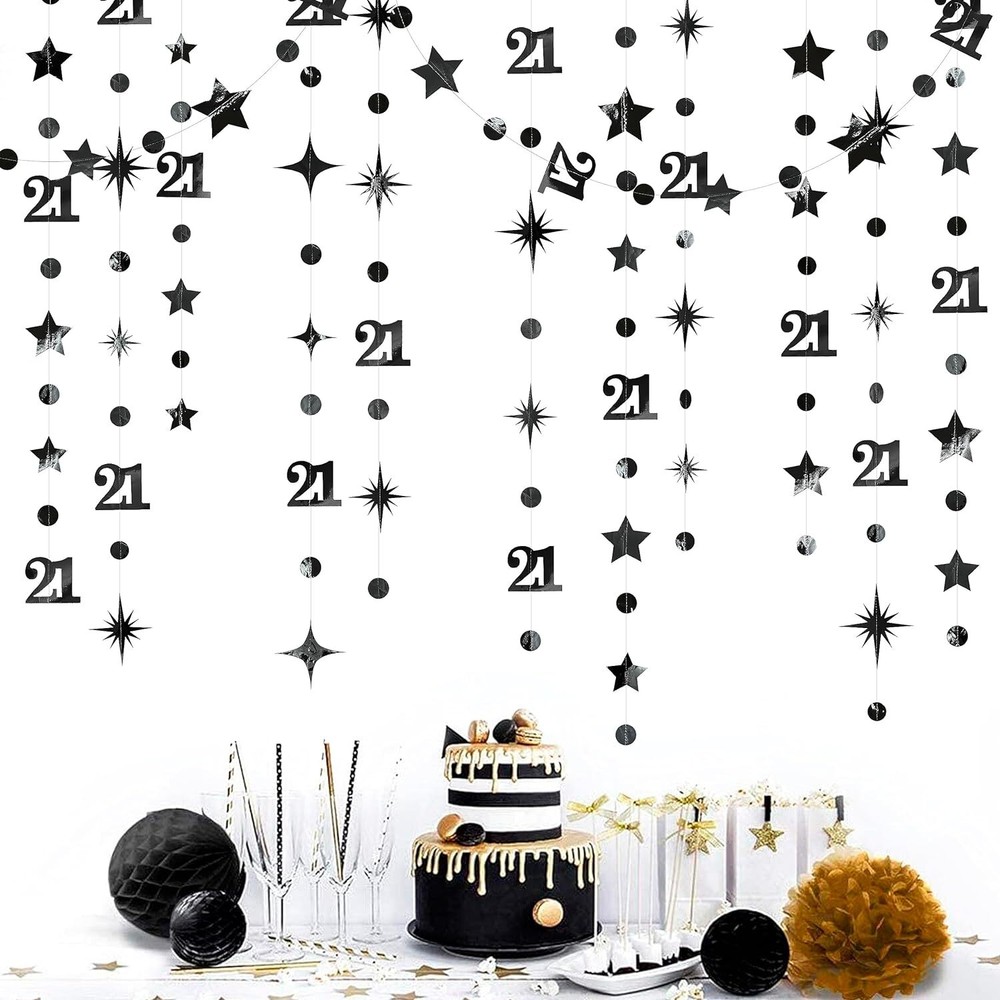 Black Number 21 Circle Dot Twinkle Star Garland Metallic Hanging