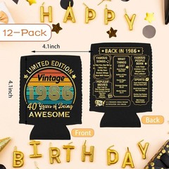 40th Birthday Party Essentials: 12 Can Cooler Sleeves, Black & Gold