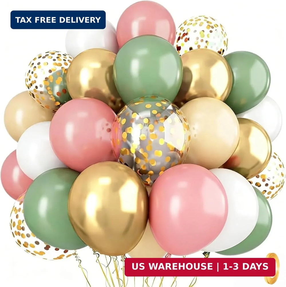 Sage Green and Dusty Pink Balloons, Retro Pink Muted Green White Gold Baby in Bl