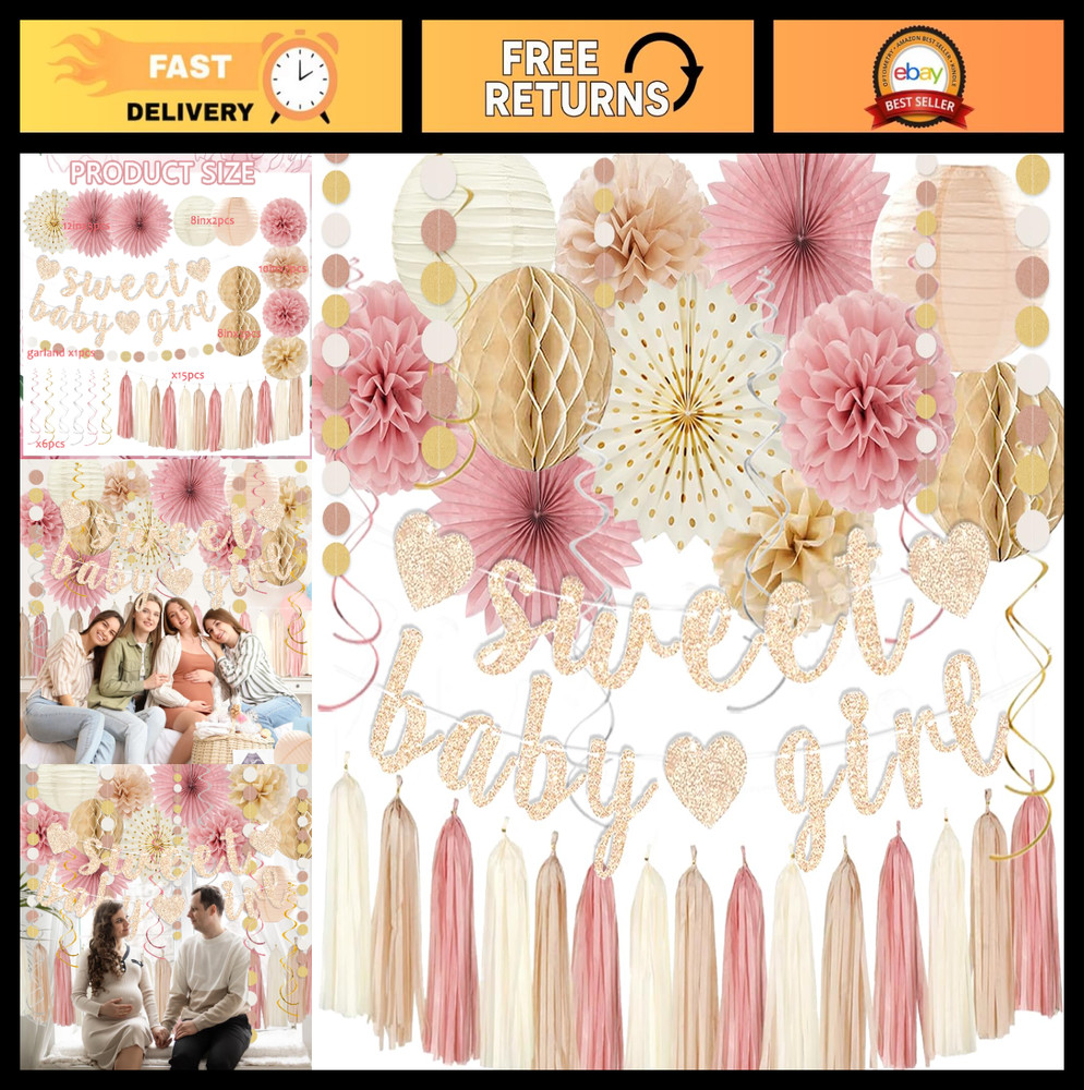 Boho Baby Shower Decorations – Blush Pink & Beige Banner, Lanterns, Streamers, P