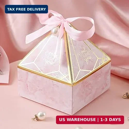 50pcs Pink Gem Tower Birthday Wedding Party Favor Boxe with Ribbon Bead Gift Bag