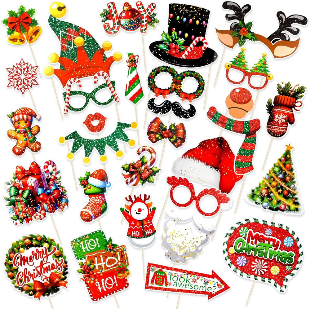 30 Piece Christmas Photo Booth Props Kit, Santa Hats Snowman Photo Backdrop for