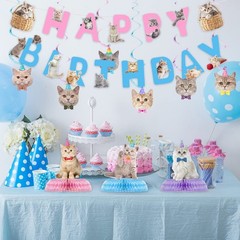 16 Pcs Cat Birthday Party Supplies – Happy Birthday Banner, Hanging Cutouts & De
