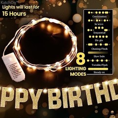 , Light Up Happy Birthday Banner – 10 Feet, 8 Modes Pre-Strung |en Glitter Gold