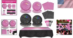 Elegant 98-Piece Hot Pink & Black Tableware Set for Birthday & Bridal Showers