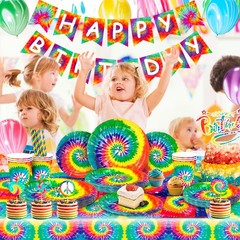 Rainbow Party Decoration Tie Dye Birthday Tableware Balloons Plates Cake Topper