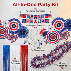 30pc Patriotic Party Decoration Set, Red White & Blue Paper Fans & Banners
