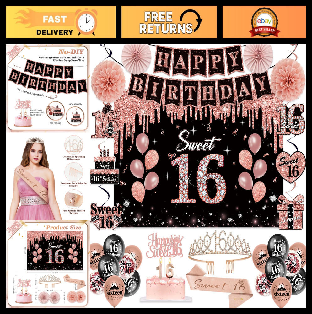 Sweet 16 Birthday Decorations Set, 52Pcs Rose Gold & Black, Crown, Sash, Banner,