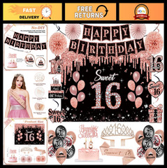 Sweet 16 Birthday Decorations Set, 52Pcs Rose Gold & Black, Crown, Sash, Banner,