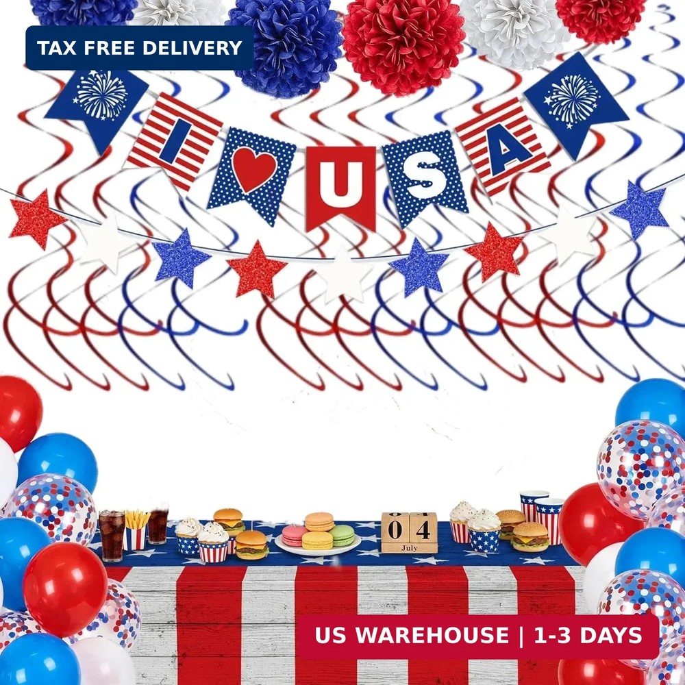 4th of July Decorations Set – Patriotic Red White Blue Party Supplies with I LOV