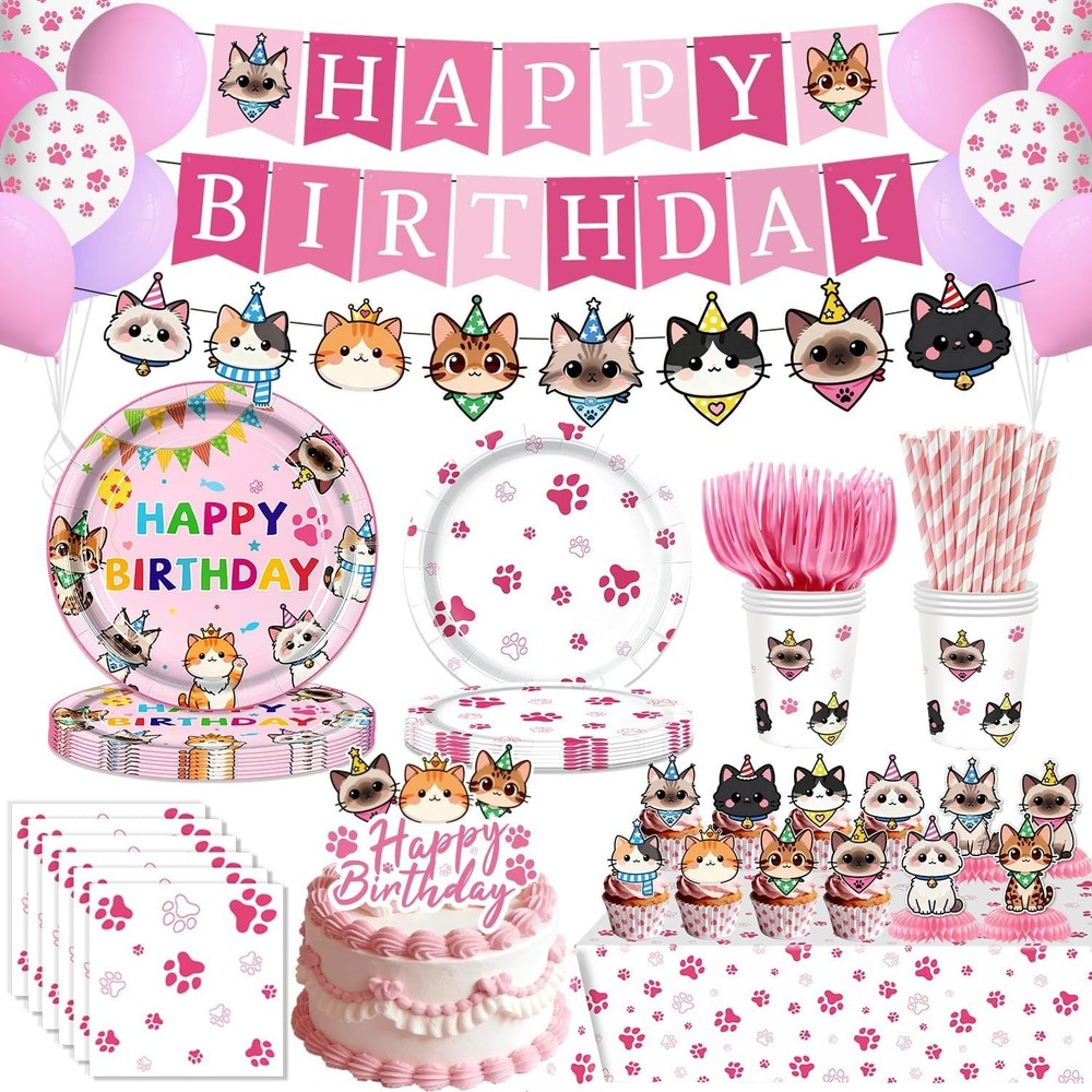 Pink Birthday Cats and Kittens Disposable Tableware Set and Decorations