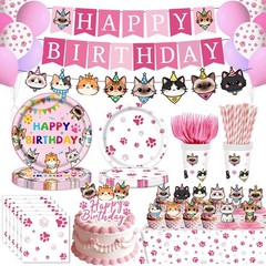 Pink Birthday Cats and Kittens Disposable Tableware Set and Decorations