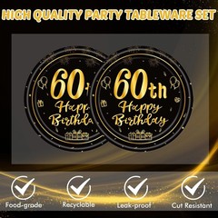 Stylish 60th Birthday Celebration Kit – 40PCS Black & Gold Paper Plates/Napkins