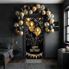 Happy Birthday Door Banner Decorations – Black and Gold Birthday Door Cover
