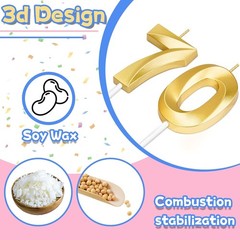 70th Birthday Candles for Cake,Gold Number Happy Gold