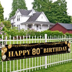 Large Happy 80th Birthday Decoration Banner, Black and Gold Happy 80th Birthd…