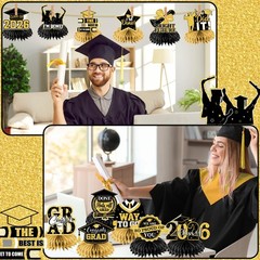 Black Gold Glitter Congrats Grad Class Of 2026 Honeycomb Centerpieces 12PK