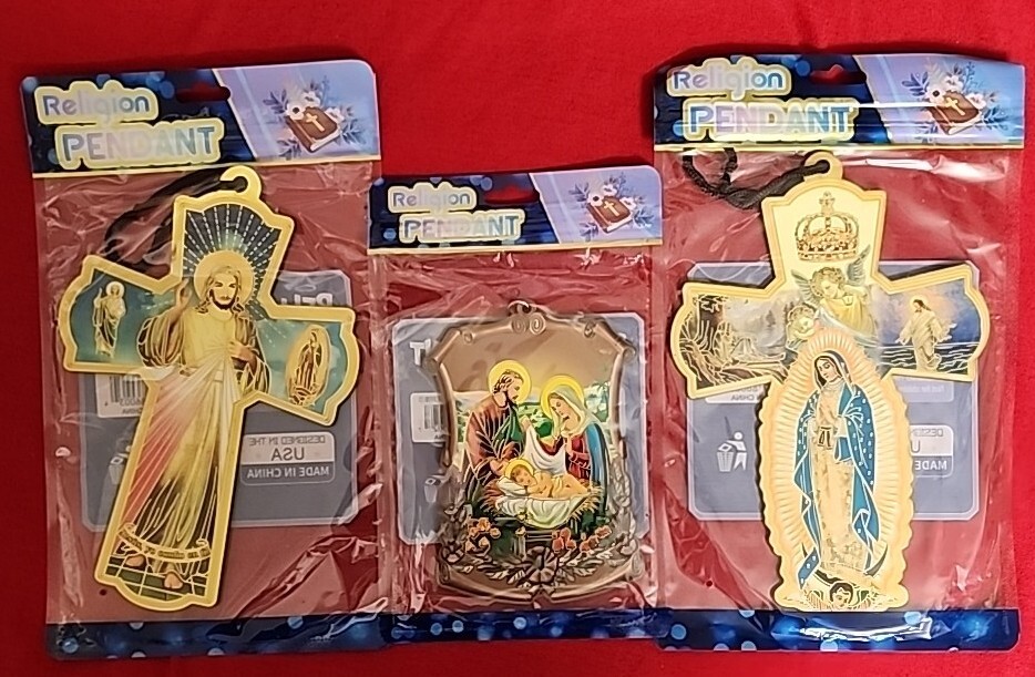 3 CROSS WOOD – VIRGIN MARY GUADALUPE – And JESUS NEW IN BAG