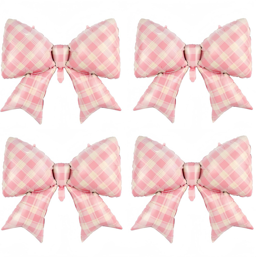 4Pcs Pink Bow Balloons 38″/Gingham Bowknot Foil Balloons for One Silly Goose De