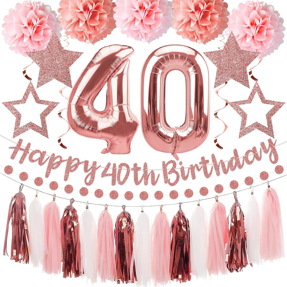 13Pcs 40Th Birthday Decorations for Women, Pink Rose Gold Happy 40Th Birthday Ba